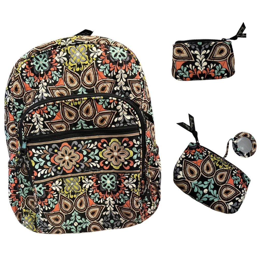 Vera Bradley Sierra Quilted Campus Backpack W/Coin Purse And Makeup Bag Paisley